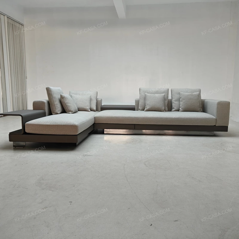 Modern Minimalist L-Shaped Modular Sofa with Integrated Side Table & Suspended Metal Base